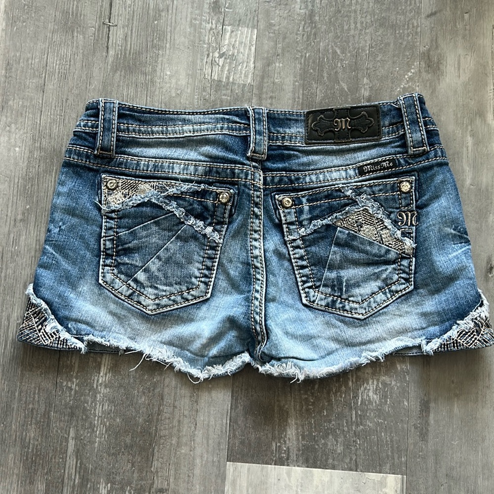 Miss Me Blue Denim Distressed Shorts with Snake Print Trim - Picture 2 of 13